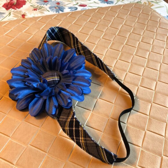 Blue Plaid Headband with Blue Flower by Sheila Bee Designs - Picture 2 of 3